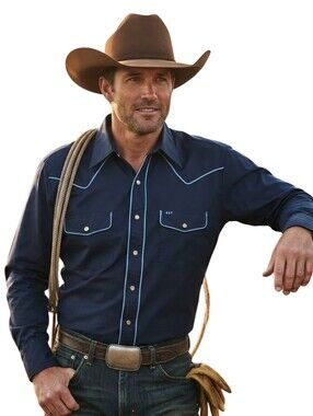 Vintage Ely Cattleman Blue Piping Pearl Snap Western Shirt Size 15.5"x32